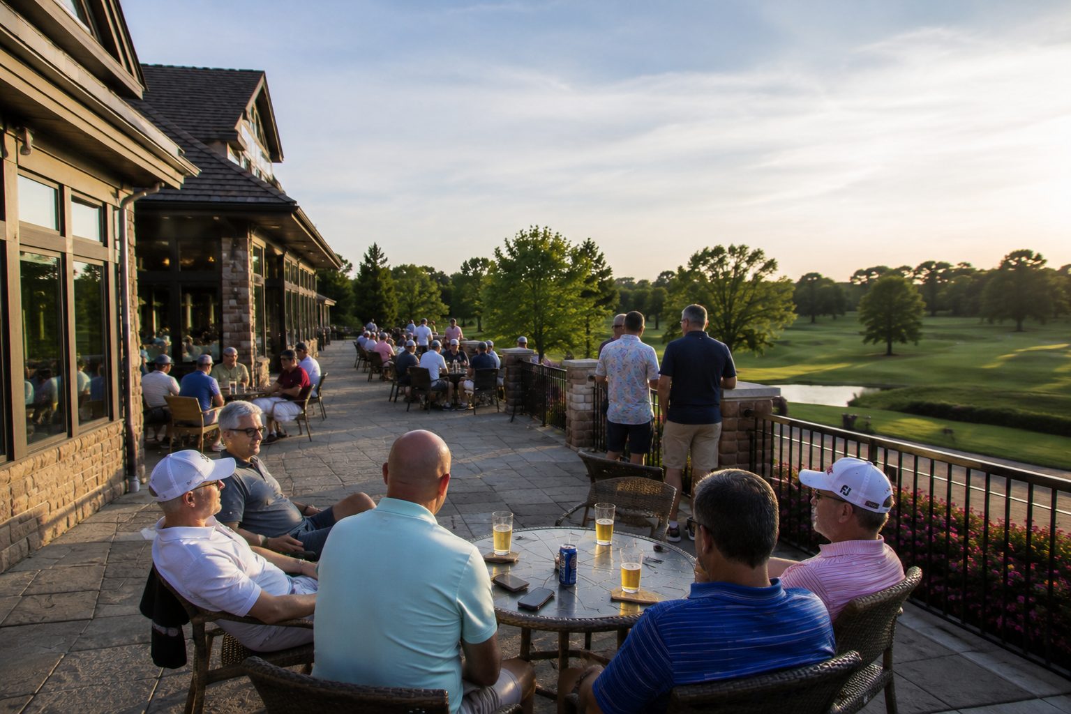 Golfers filling the clubhouse patio at sunset after a round