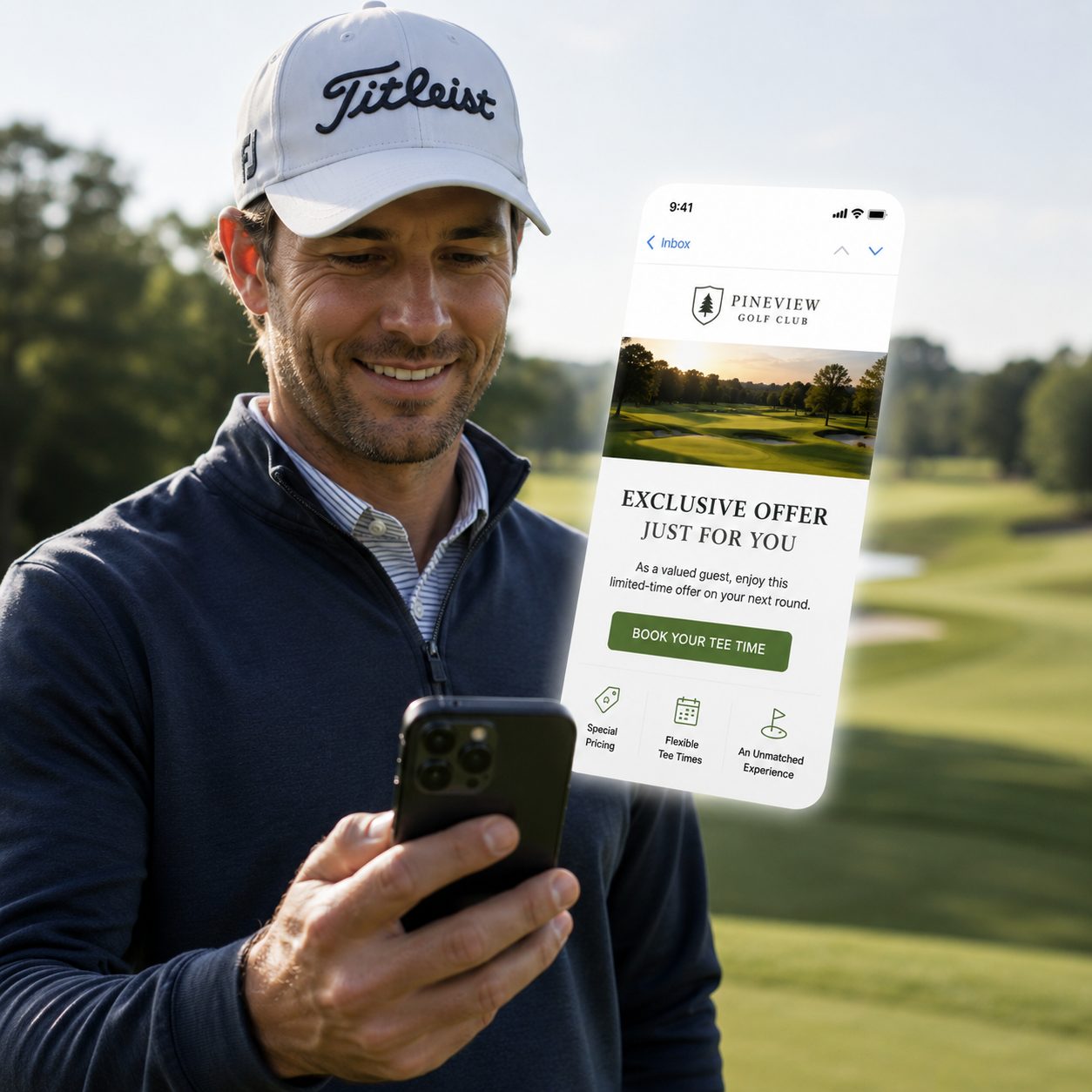 A golfer reading a course promotion on his phone