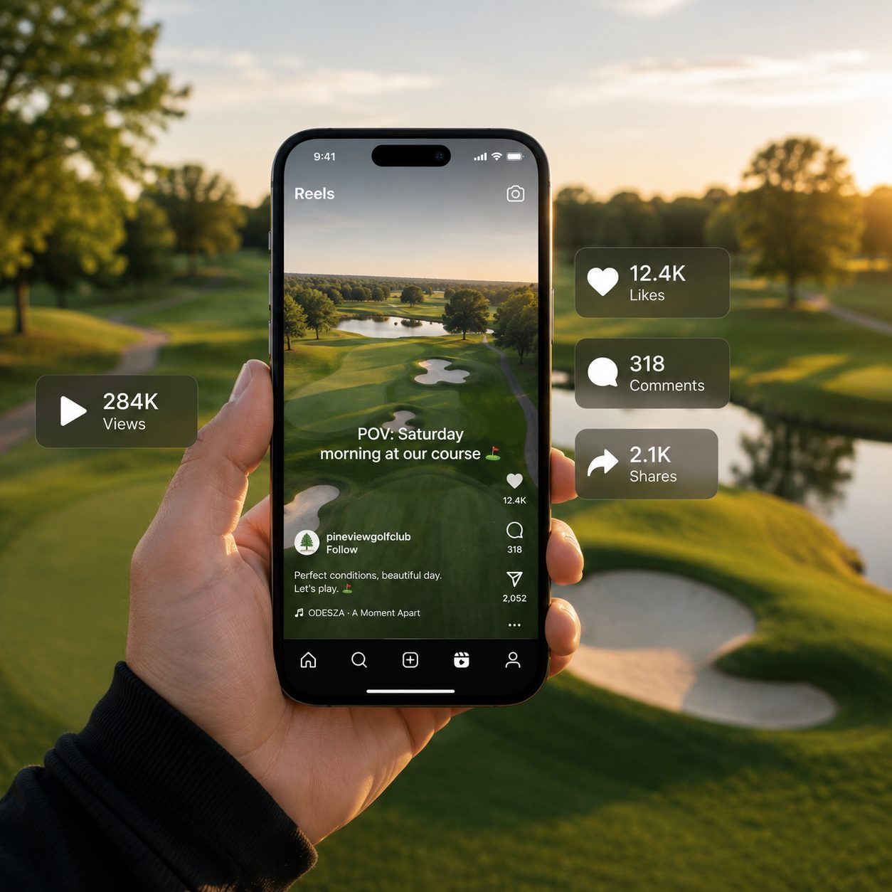 A golfer watching a course reel on Instagram