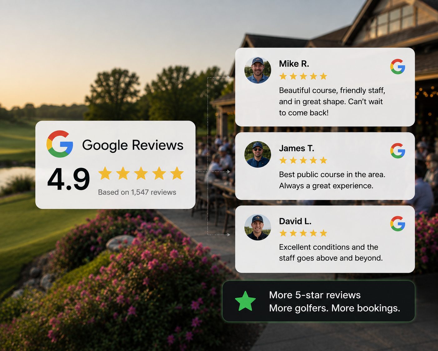 A golf course Google profile showing a 4.9 star rating and recent five-star reviews
