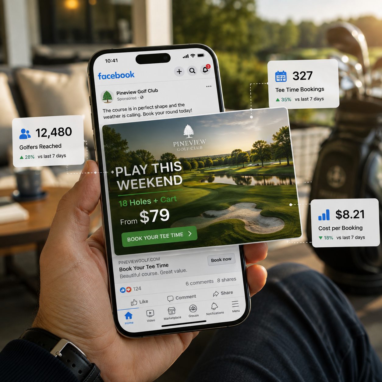 A golf course ad running in a Facebook feed, with reach and booking numbers alongside